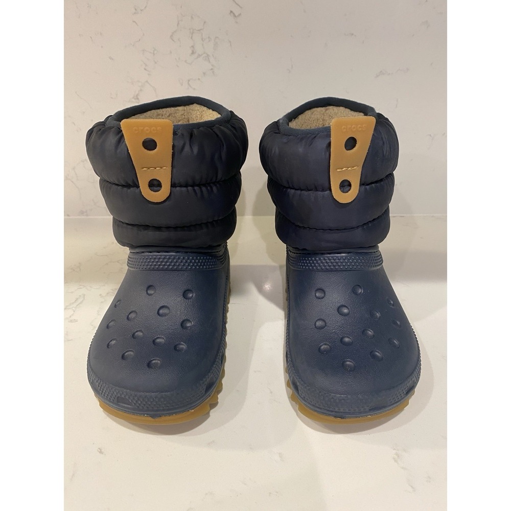 Crocs Kids Toddler‎ Winter Puff Boots Navy Blue Faux Fur Lined Waterproof C8 EUC